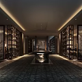 Traditional Chinese Tea House Interior With Wooden Shelves Central Table And Ambient Lighting