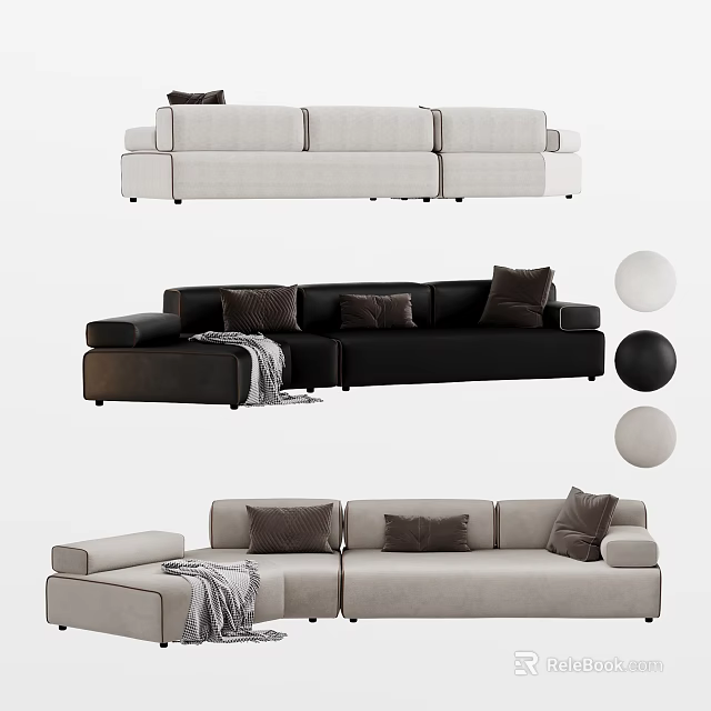 Black Beige And Light Gray Sectional Sofa With Throw Pillows Throw Blanket Decorative Balls 3d model 