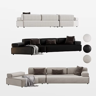 Black Beige And Light Gray Sectional Sofa With Throw Pillows Throw Blanket Decorative Balls 3d model