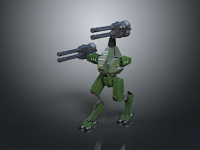 Detailed Green Bipedal Mechanical Robot Character With Dual Cannon Arms And Standing Pose 3d model