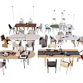 Multiple Modern Dining Table Sets With Mixed Color Chairs Hanging Lights And Table Decor 3d model