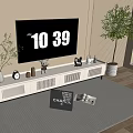 Modern White TV Stand With TV Decorative Clock Vase And Potted Plant On Rug