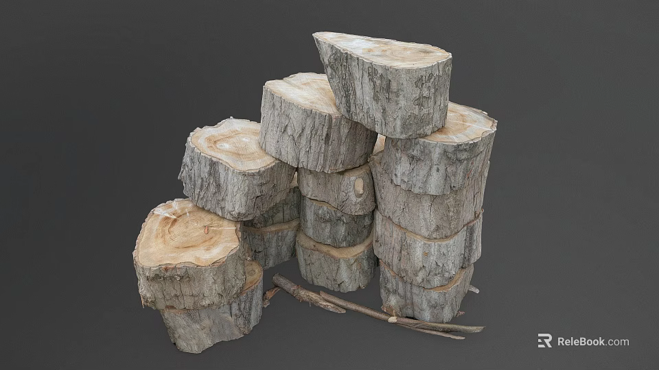Natural Plant Tree Stumps of Various Sizes Stacked Together with Small Twigs 3d model 