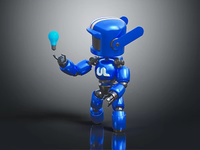 Shiny Blue Metallic Robot Holding Glowing Light Bulb On Dark Reflective Surface 3d model