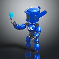 Shiny Blue Metallic Robot Holding Glowing Light Bulb On Dark Reflective Surface