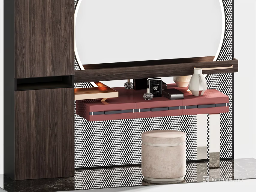 Modern Wooden Dressing Table Interior With Round Mirror Pink Drawers Metal Mesh And Stool 3d model 