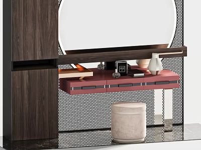 Modern Wooden Dressing Table Interior With Round Mirror Pink Drawers Metal Mesh And Stool 3d model