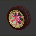 Black Car Tire With Red Hub And Silver Rim On Dark Background