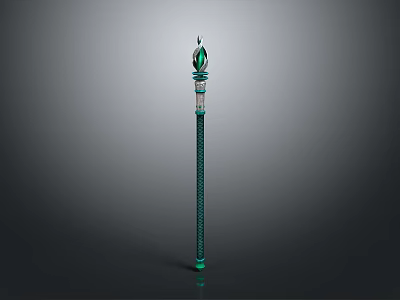 Magic Staff Weapon With Blue Long Shaft Green Gemstone On Top And Decorative Details 3d model