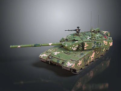 Modern Military Tank With Green Camouflage Pattern Mounted Gun Barrel And Tracks 3d model