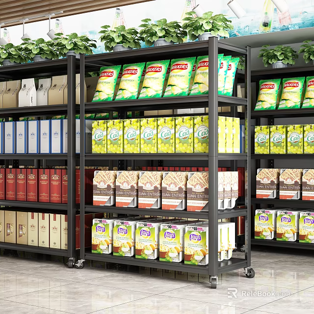 Mobile Storage Shelving Unit With Various Packaged Snacks Cereal Boxes And Green Plants 3d model 