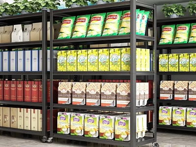 Mobile Storage Shelving Unit With Various Packaged Snacks Cereal Boxes And Green Plants 3d model