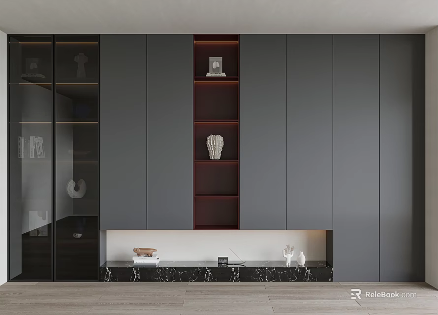 Modern Gray Bookcase With Glass Doors Display Shelves And Marble Base Decorative Items 3d model 