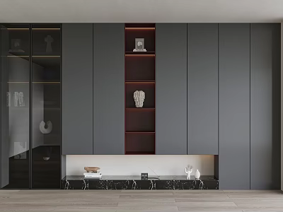 Modern Gray Bookcase With Glass Doors Display Shelves And Marble Base Decorative Items 3d model