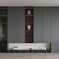 Modern Gray Bookcase With Glass Doors Display Shelves And Marble Base Decorative Items