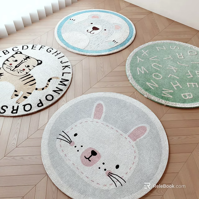 Cute Round Rugs With Animal Alphabet Patterns On Wooden Floor 3d model 
