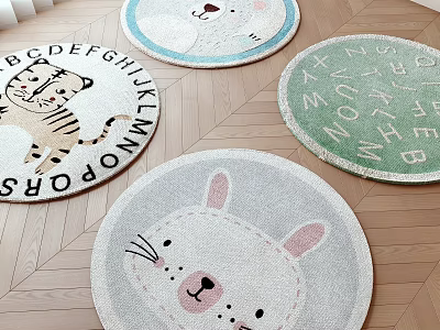 Cute Round Rugs With Animal Alphabet Patterns On Wooden Floor 3d model
