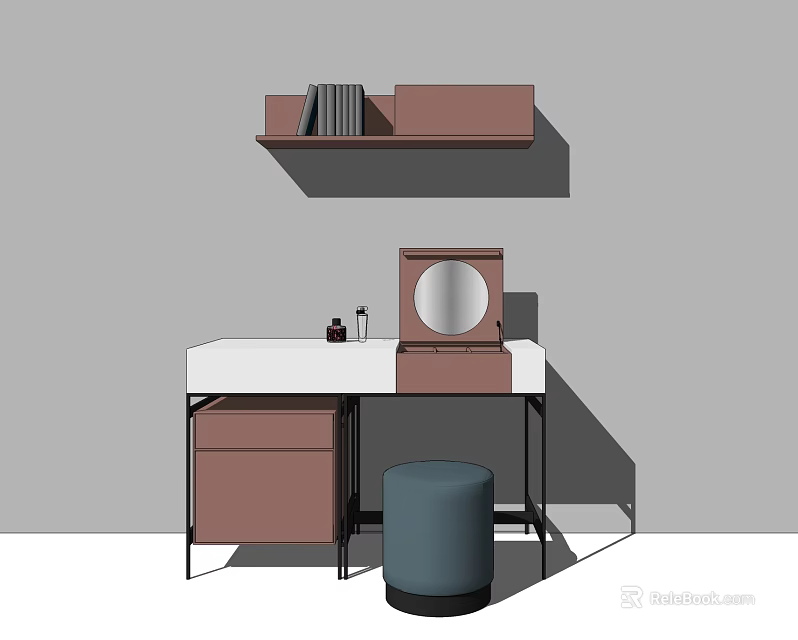 Modern Brown And White Dressing Table With Mirror Drawer Stool And Shelf 3d model