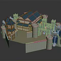 Medieval Castle Architecture with Blue Roofs White Towers and Wooden Structures Detailed Design