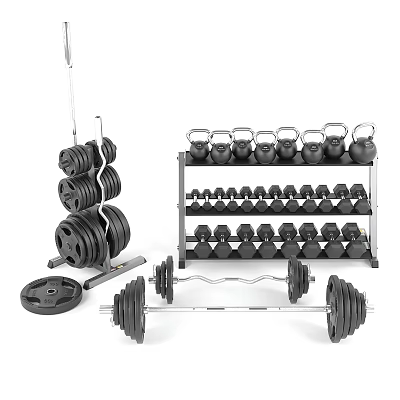 Gym Strength Training Sports Equipment With Dumbbell Rack Kettlebells Barbell And Weight Plates 3d model