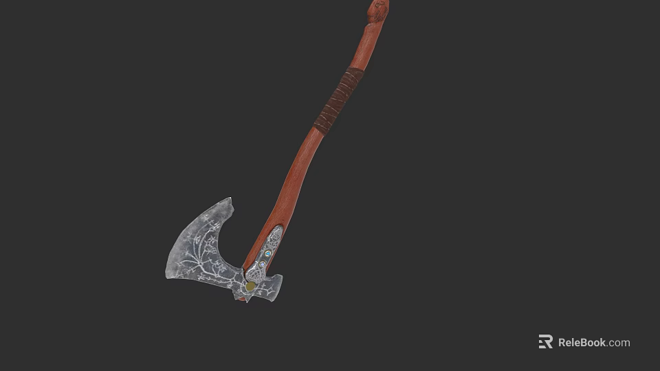 Handcrafted Battle Axe With Wooden Handle And Decorative Metal Head Design 3d model 