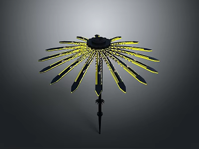 Black Utility Vehicle Featuring Yellow Lined Umbrella Like Structure And Slim Bottom Pole 3d model