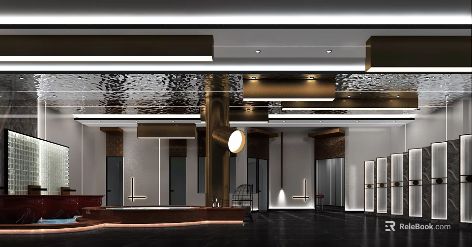 Modern SPA Sauna Interior Design With Metal Accents And Ambient Lighting 3d model 