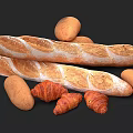 Freshly Baked Assorted Bread With Baguettes Croissants And Small Rolls 3d model