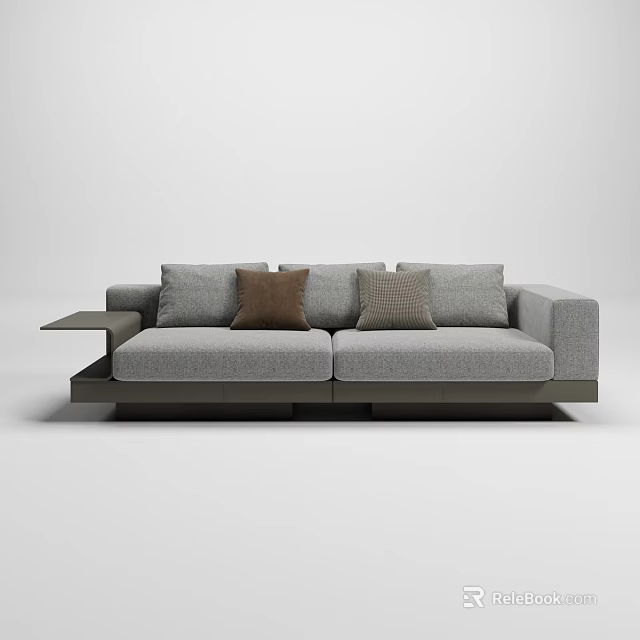 Gray Sectional Sofa With Multiple Seats Brown Textured Pillows And Attached Side Table 3d model