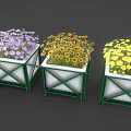 Colorful Garden Planters With Red Blue Purple Flowers And Green White Frames
