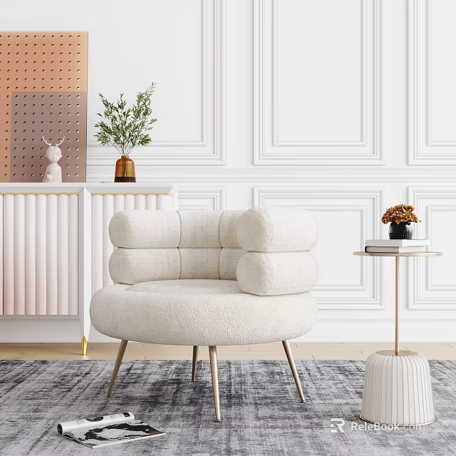 Cream Plush Single Sofa With Rounded Arms Gold Metal Legs Grey Rug And Paneled Wall 3d model 