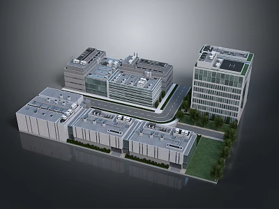 Modern Commercial Building Complex With Various Heights Roof Equipment Green Lawn And Pathway 3d model