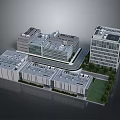 Modern Commercial Building Complex With Various Heights Roof Equipment Green Lawn And Pathway