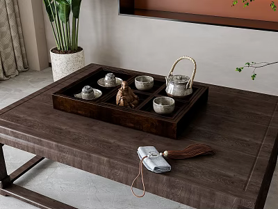 Traditional Chinese Tea Set With Teapot Teacups On Wooden Tray In Cozy Indoor Setting 3d model