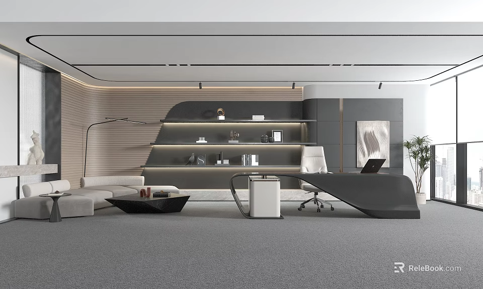 Modern Office Interior Design With Sleek Desk Chair Shelving Sofa And Plant 3d model 