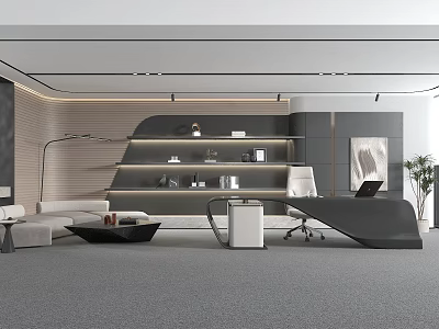 Modern Office Interior Design With Sleek Desk Chair Shelving Sofa And Plant 3d model