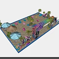 Colorful Beach Playground With Sand Palm Trees Striped Umbrellas Colorful Seats And Surfboards