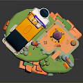 Colorful Cartoon 3D Scene With Playful Vehicle Green Grass And Small Structures
