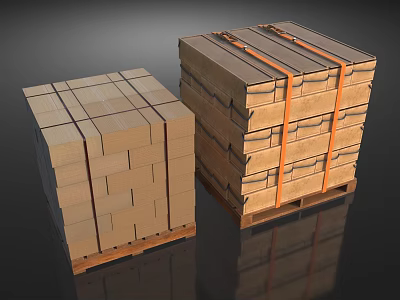 Two Stacks of Securely Stacked Cardboard Boxes on Pallets with Orange Straps 3d model