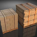 Two Stacks of Securely Stacked Cardboard Boxes on Pallets with Orange Straps