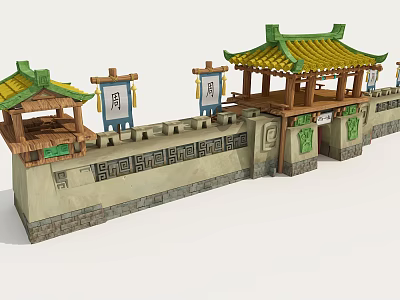 Traditional Chinese City Gate With Green Yellow Roofs And Zhou Flags 3d model