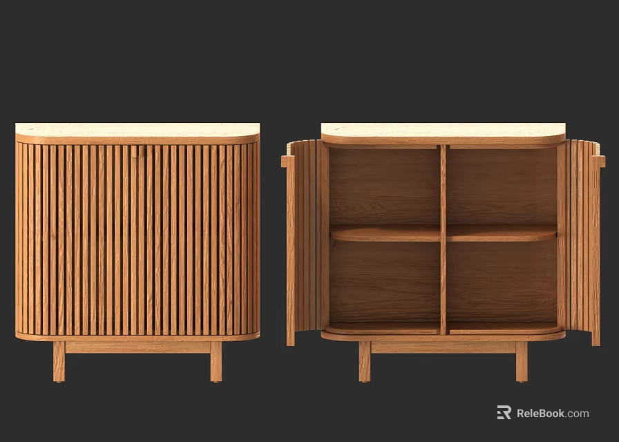 Wooden Console Side Cabinet With Vertical Slats Design And Open Storage Compartments 3d model 