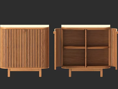 Wooden Console Side Cabinet With Vertical Slats Design And Open Storage Compartments 3d model
