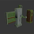 Security Access Control Components With Metal Grid Gate Gray Concrete Pillar And Brown Payment Machine