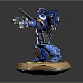 Game Movie Character Standing in Blue Armor Holding Sword and Gun on Base with Rocks