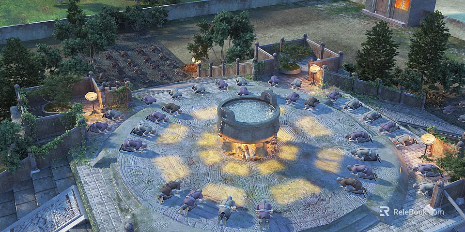 Ancient Stone Circular Structure In Central Plaza With Surrounding Seats Trees Fence And Warm Lighting 3d model 