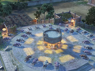 Ancient Stone Circular Structure In Central Plaza With Surrounding Seats Trees Fence And Warm Lighting 3d model