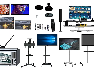Various Types of TVs With Stands Mounts Remote Controls and Speakers 3d model