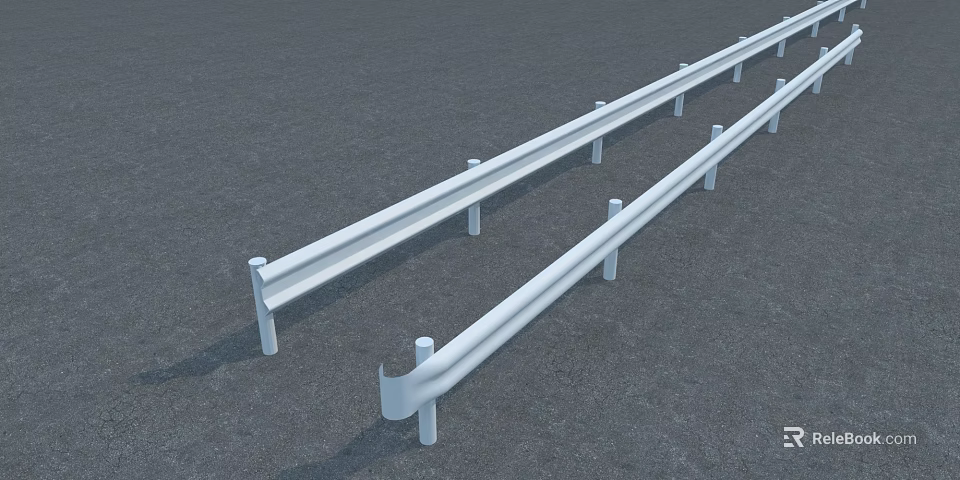 White Safety Roadside Guardrail With Vertical Steel Posts Mounted On Asphalt Ground 3d model 