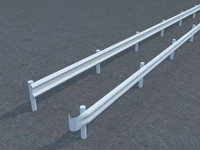 White Safety Roadside Guardrail With Vertical Steel Posts Mounted On Asphalt Ground 3d model
